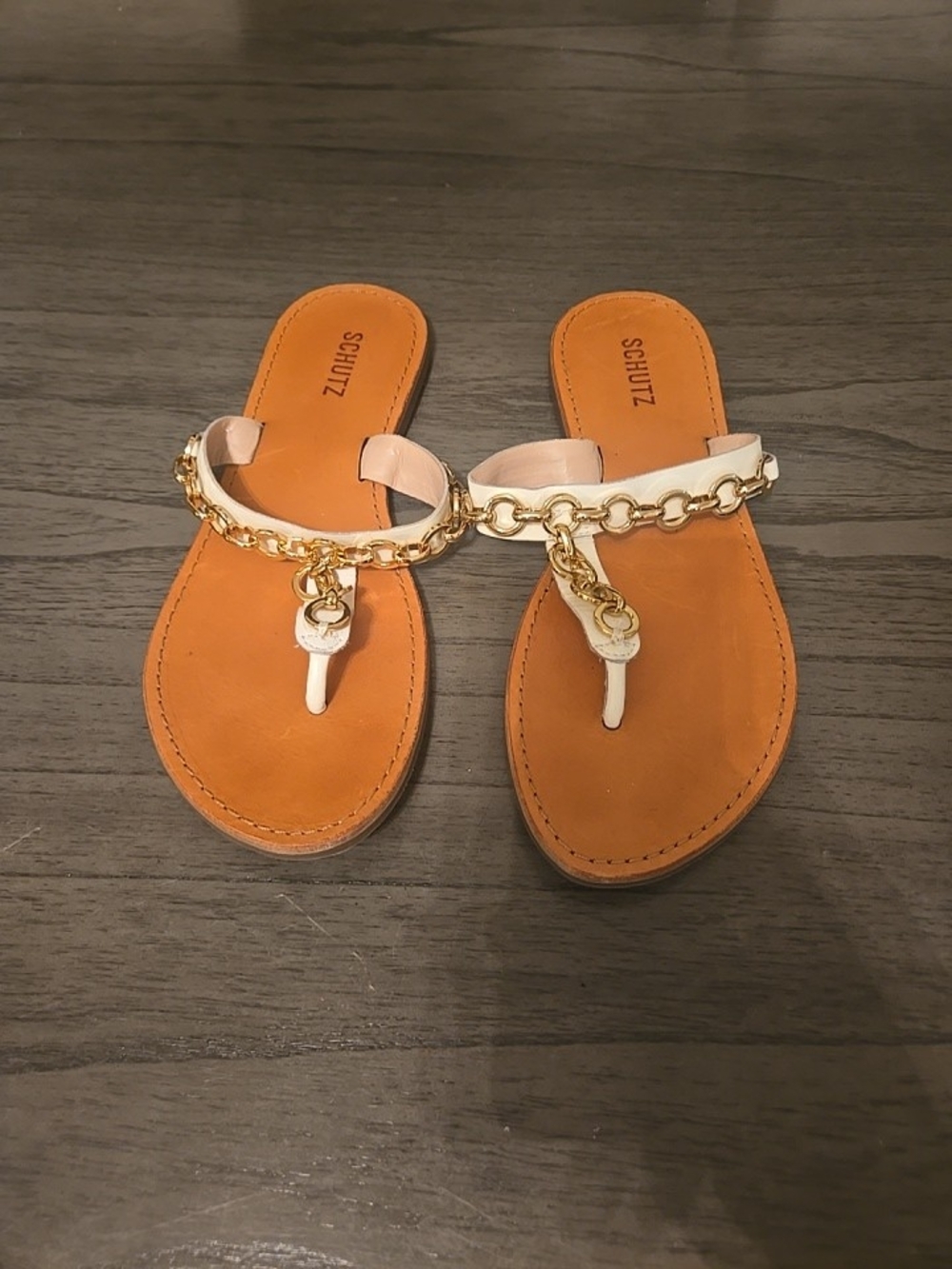 Schutz White Leather Chain Thong Sandals